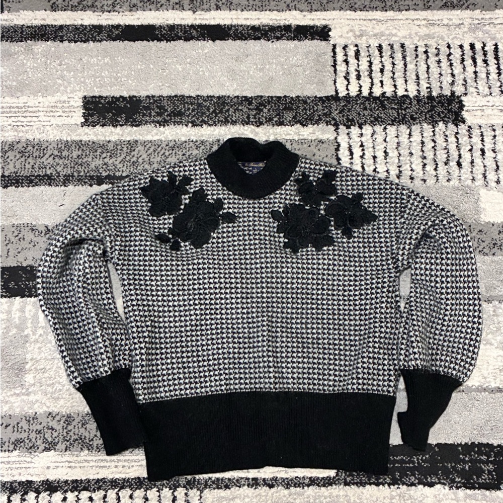 Brooks Brothers Black and White Floral Turtleneck Sweater